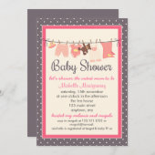 モダンで甘いベビーのクローズライン女の子のベビーシャワー 招待状 (正面/裏面)