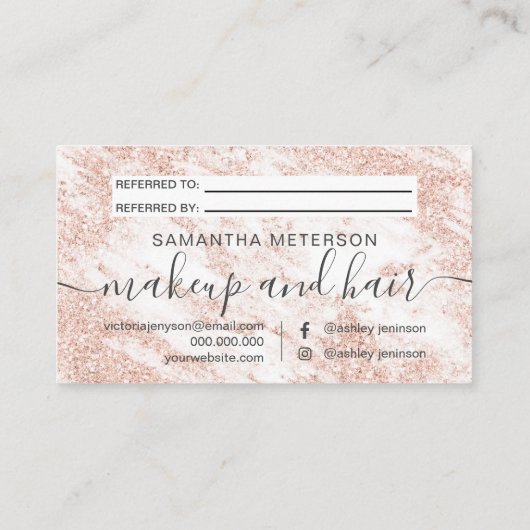 モダンで白い大理石の毛の化粧のばら色の金ゴールドのグリッター 紹介カード (裏面)