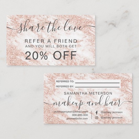 モダンで白い大理石の毛の化粧のばら色の金ゴールドのグリッター 紹介カード (正面/裏面)