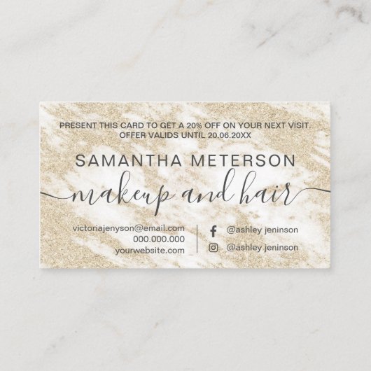 モダンで白い大理石の金ゴールドのグリッターのタイポグラフィ 割引カード (裏面)