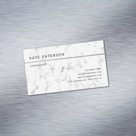 モダンで白い大理石の銀製のグリッターのストライプ マグネット名刺 (インサイチュ)