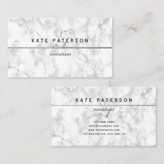 モダンで白い大理石の銀製のグリッターのストライプ 名刺 (正面/裏面)