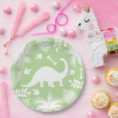 モダンで白い恐竜のBrontoのシルエット及び群葉 ペーパープレート (パーティー)