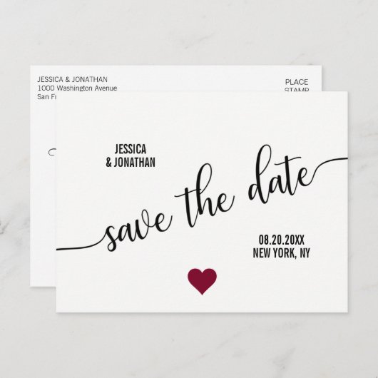 モダンで白く黒いバーガンディの結婚式の保存日付 案内ポストカード (正面/裏面)