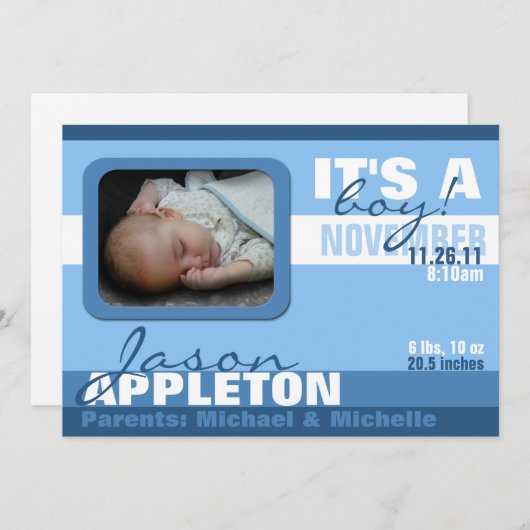 モダンで粋な警官のストライプの誕生の発表 案内状 (正面/裏面)