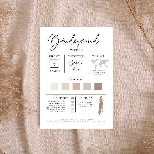 モダンで編集可能なカラーブライドメイド詳細情報カード 招待状