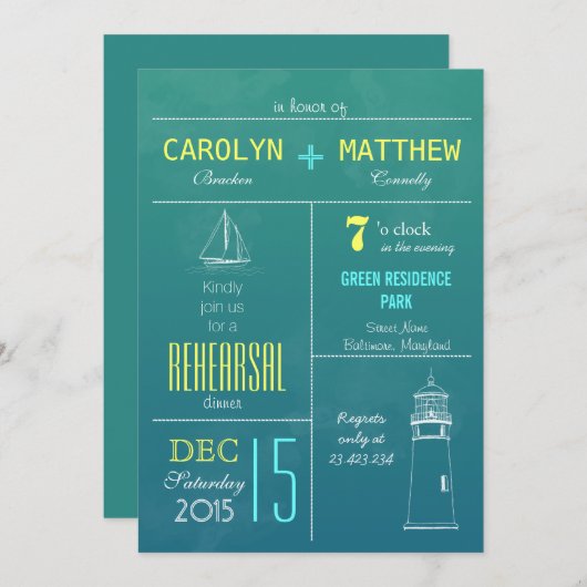 モダンで航海のなボート|の灯台リハーサルの夕食 招待状 (正面/裏面)