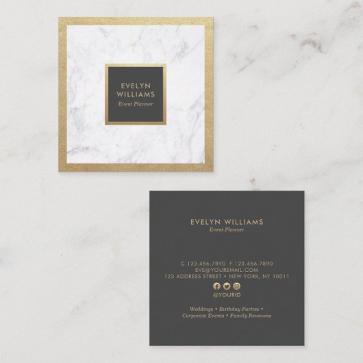 モダンで豪華な金ゴールド及び大理石のダークグレーのイベントプランナー スクエア名刺 (正面/裏面)