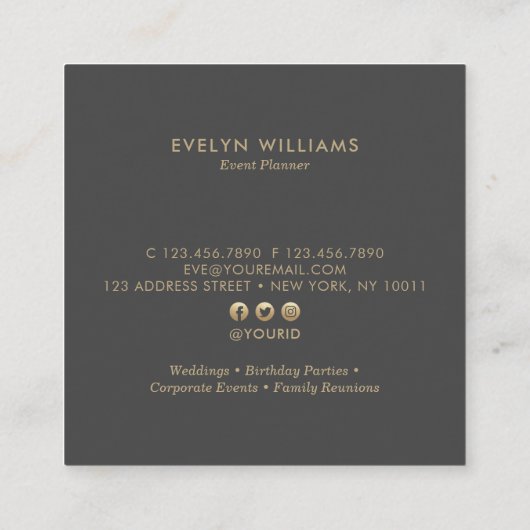 モダンで豪華な金ゴールド及び大理石のダークグレーのイベントプランナー スクエア名刺 (裏面)