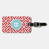 モダンで赤いギリシャ人の鍵幾何学的なパターンモノグラム ラゲッジタグ (正面横)