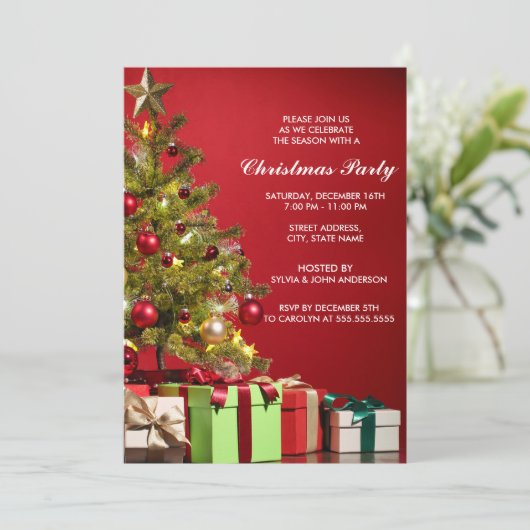 モダンで赤いクリスマスツリーの休日のパーティ 招待状 (スタンド正面)