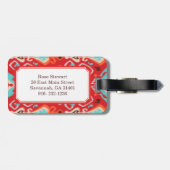 モダンで赤いターコイズのガーリーなイカットの種族パターン ラゲッジタグ (裏面横)