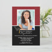 モダンで赤いダマスク織の卒業パーティーの発表 招待状 (スタンド正面)