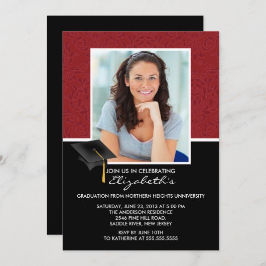 モダンで赤いダマスク織の卒業パーティーの発表 招待状 (正面/裏面)