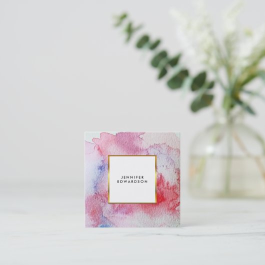 モダンで赤い水彩画の(ばちゃばちゃ)跳ねるのしぶきの金ゴールドフレーム スクエア名刺 (スタンド正面)