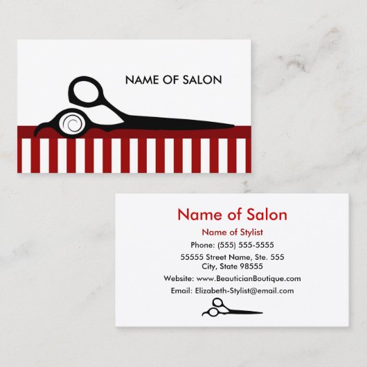 モダンで赤い白人の理容師のストライプなヘアーサロンのはさみ 名刺 (正面/裏面)