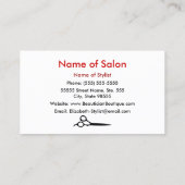 モダンで赤い白人の理容師のストライプなヘアーサロンのはさみ 名刺 (裏面)