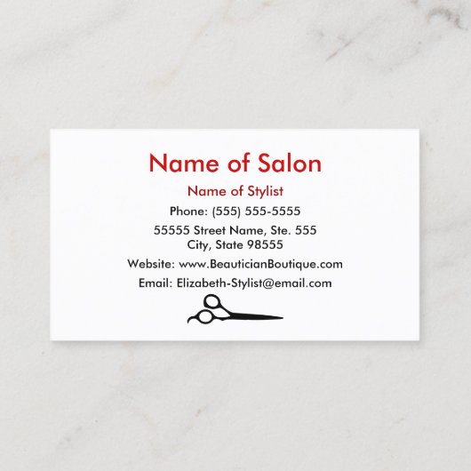 モダンで赤い白人の理容師のストライプなヘアーサロンのはさみ 名刺 (裏面)