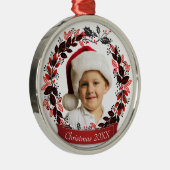 モダンで赤くおよび黒いクリスマスのリースの写真 メタルオーナメント (右)