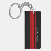 モダンで赤くおよび黒い競争は名前と縞で飾ります キーホルダー (正面左)