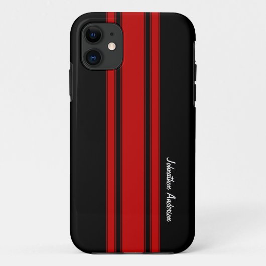 モダンで赤くおよび黒い競争は名前と縞で飾ります Case-Mate iPhoneケース (裏面)