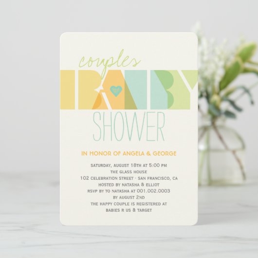 モダンで透明な文字はベビーシャワーの招待をつなぎます 招待状 (スタンド正面)