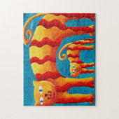 モダンで遊び心あふれるカラフルな曲線の猫と子猫 ジグソーパズル (縦)