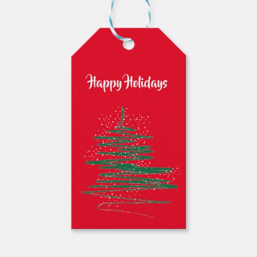 モダンで遊び心のあるクリスマスツリー 赤 ギフトタグ (正面)