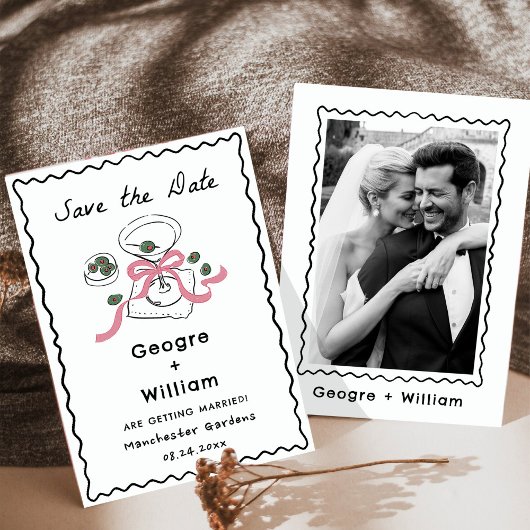 モダンで遊び心のあるピンクマティーニ 手描きの結婚式 招待状