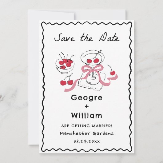 モダンで遊び心のあるマティーニグラス オリーブとチェリー 招待状 (正面)