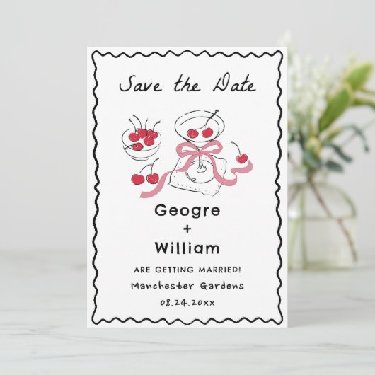 モダンで遊び心のあるマティーニグラス オリーブとチェリー 招待状 (スタンド正面)