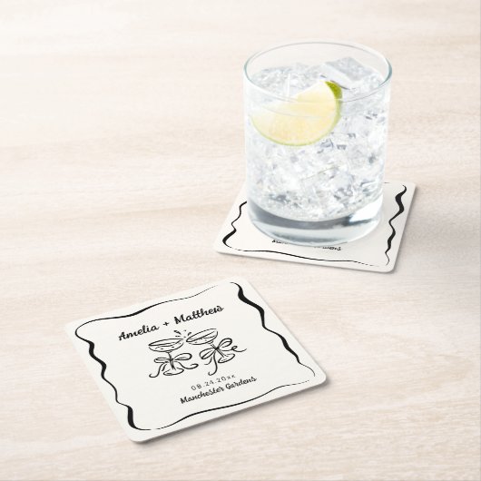 モダンで遊び心のある手描きのSave the Date スクエアペーパーコースター (インサイチュ)