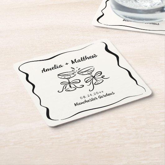 モダンで遊び心のある手描きのSave the Date スクエアペーパーコースター (アングル)