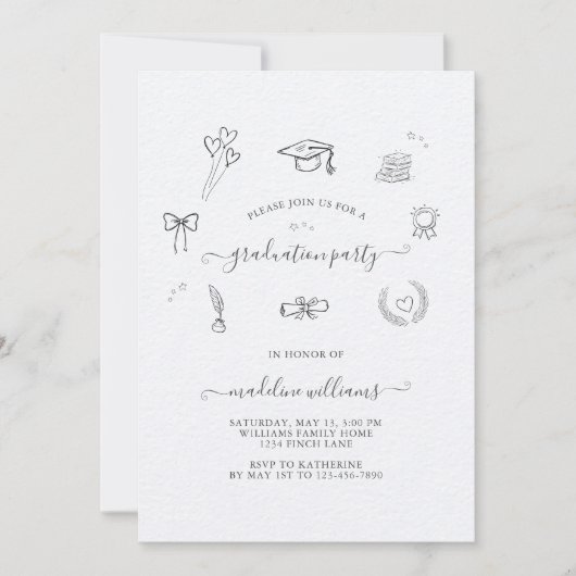 モダンで遊び心のある落書きの卒業パーティー 招待状 (正面)