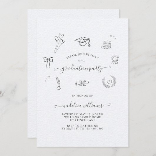 モダンで遊び心のある落書きの卒業パーティー 招待状 (正面/裏面)