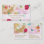 *~*モダンで青いピンクの花パターン金ゴールドのグリッター 名刺 (正面/裏面)