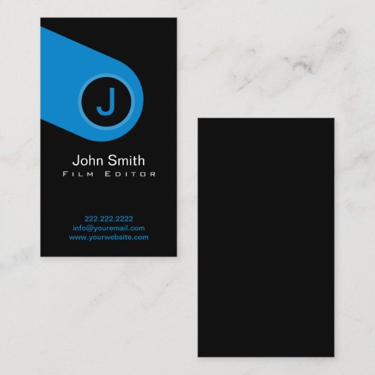 モダンで青いモノグラムのフィルムの編集者の名刺 名刺 (正面/裏面)