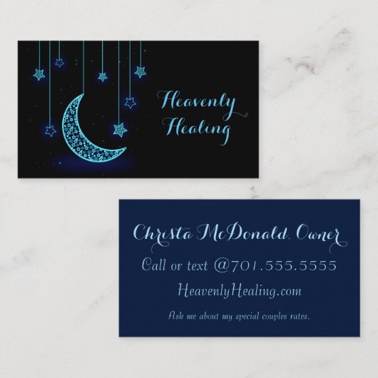 モダンで青い三日月形の月および星 名刺 (正面/裏面)