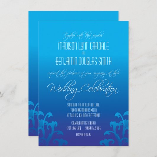 モダンで青い勾配の華麗さの結婚式招待状 招待状 (正面/裏面)