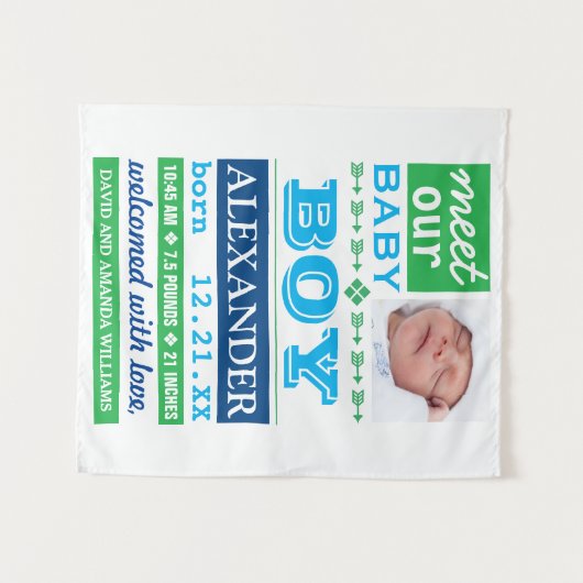 モダンで青い男の赤ちゃんの写真の誕生の発表 タペストリー (正面(横))