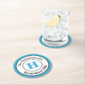 モダンで青い白黒カスタムなモノグラム家族 ラウンドペーパーコースター (インサイチュ)