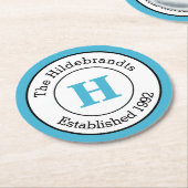 モダンで青い白黒カスタムなモノグラム家族 ラウンドペーパーコースター (アングル)