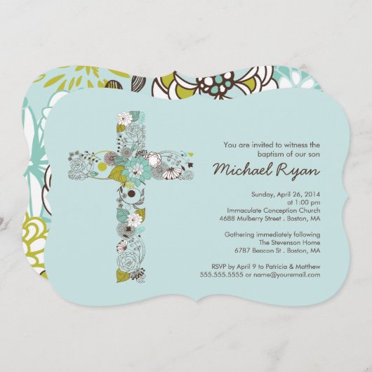 モダンで青い花の十字の男の子の洗礼の招待状 招待状 (正面/裏面)