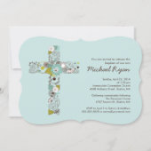 モダンで青い花の十字の男の子の洗礼の招待状 招待状 (正面)