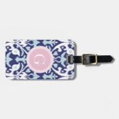 モダンで青くガーリーなイカット種族パターンモノグラム ラゲッジタグ (正面横)