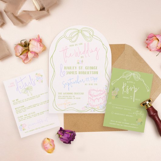 モダンで風変わりな手描きの弓 PASTEL レトロ ウェディング 招待状