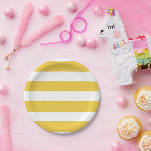 モダンで黄色い白のストライプパターン ペーパープレート (パーティー)