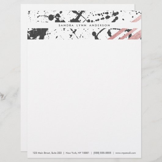 モダンで黒いインク(ばちゃばちゃ)跳ねるのばら色の金ゴールドは縞で飾ります レターヘッド (正面/裏面)