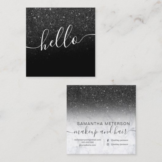 モダンで黒いグリッターのグラデーションで白い大理石こんにちは スクエア名刺 (正面/裏面)