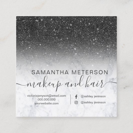 モダンで黒いグリッターのグラデーションで白い大理石こんにちは スクエア名刺 (裏面)